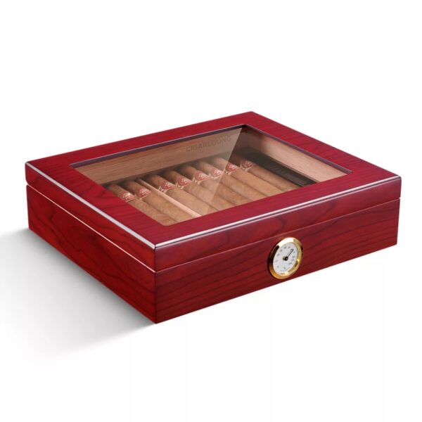 CIGARES Glass Top Cedar Wood Humidor with Analog Hygrometer and Humidifier - Image 3