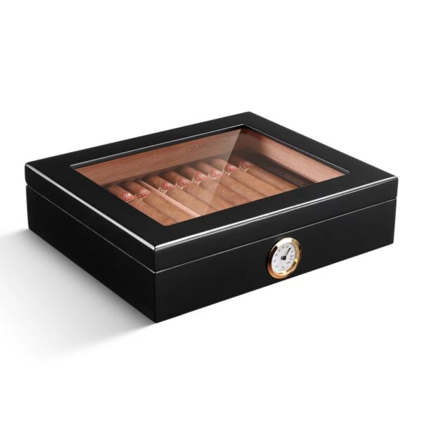 CIGARES Glass Top Cedar Wood Humidor with Analog Hygrometer and Humidifier - Image 4