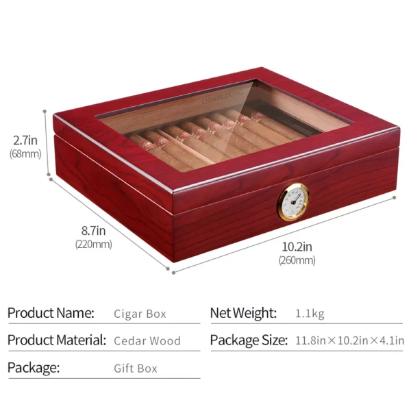 CIGARES Glass Top Cedar Wood Humidor with Analog Hygrometer and Humidifier - Image 5